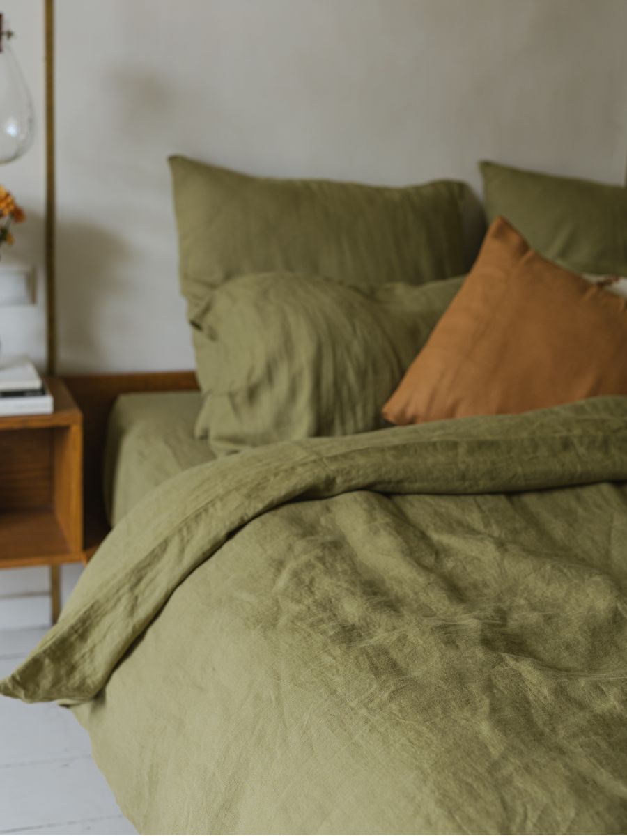 Olive Green 100% Flax Linen Duvet Cover Sets