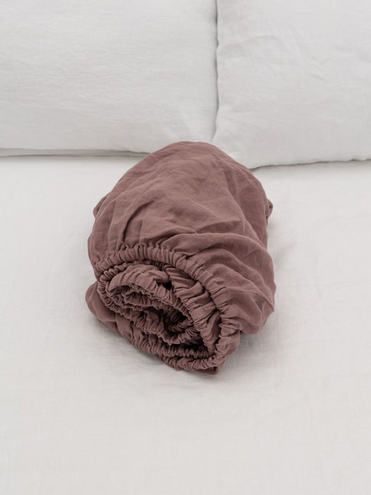 Rosewood Pink 100% Flax Linen Kids Fitted Sheets