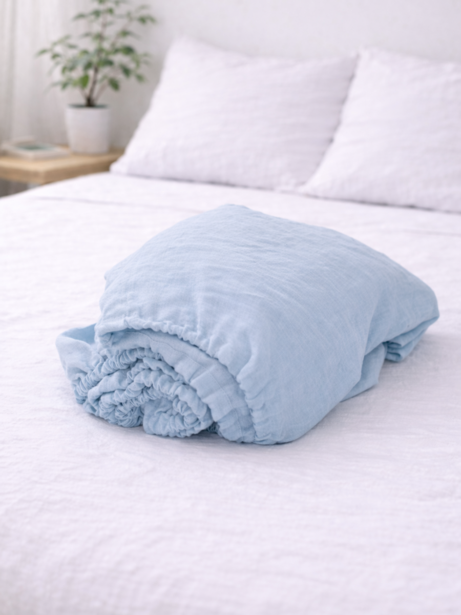 Sky Blue 100% Flax Linen Fitted Sheet
