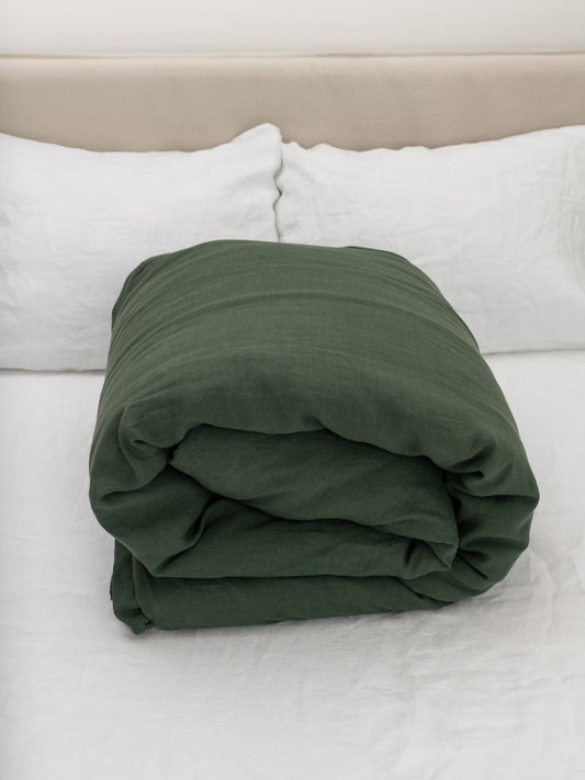100% flax linen Forest Green duvet cover rolled neatly – OEKO-TEX Standard 100, easy storage