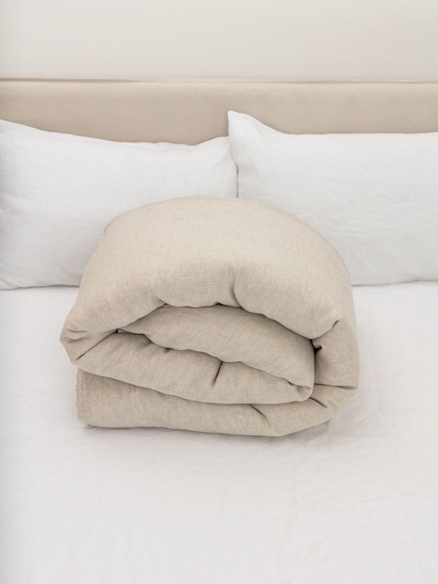 100% flax linen Natural Beige duvet cover rolled neatly – OEKO-TEX Standard 100, easy storage