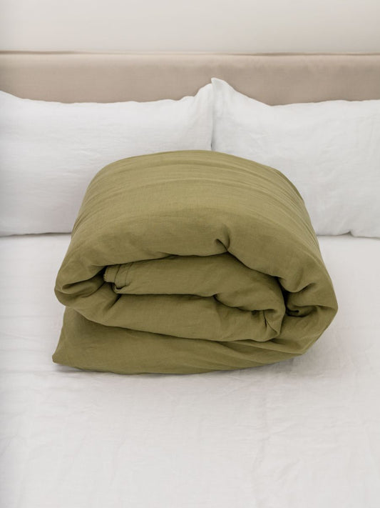 100% flax linen Olive Green duvet cover rolled neatly – OEKO-TEX Standard 100, easy storage