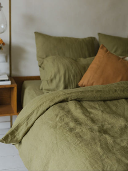 Olive Green 100% Flax Linen Duvet Cover Sets
