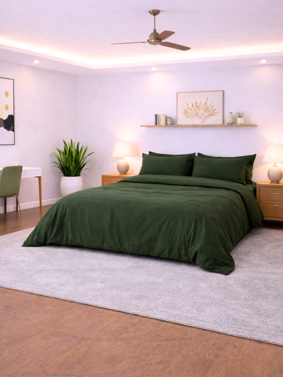 Forest Green 100% Flax Linen Duvet Cover Set