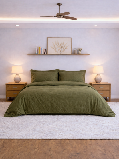 Olive Green 100% Flax Linen Duvet Cover Set